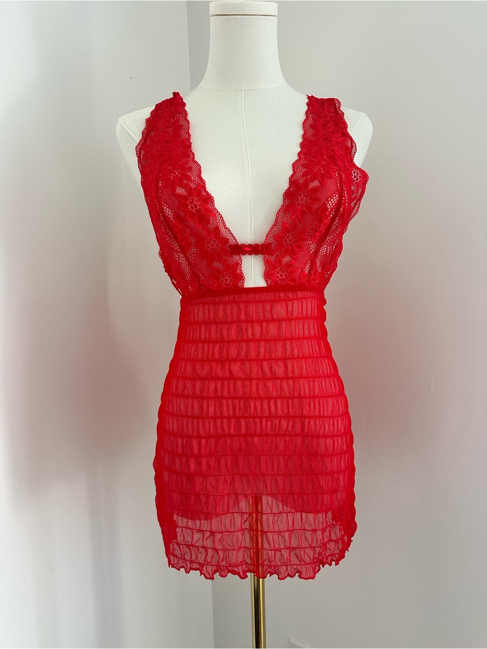 New❤️La Perla Red Sheer Lace Chemise Slip #085